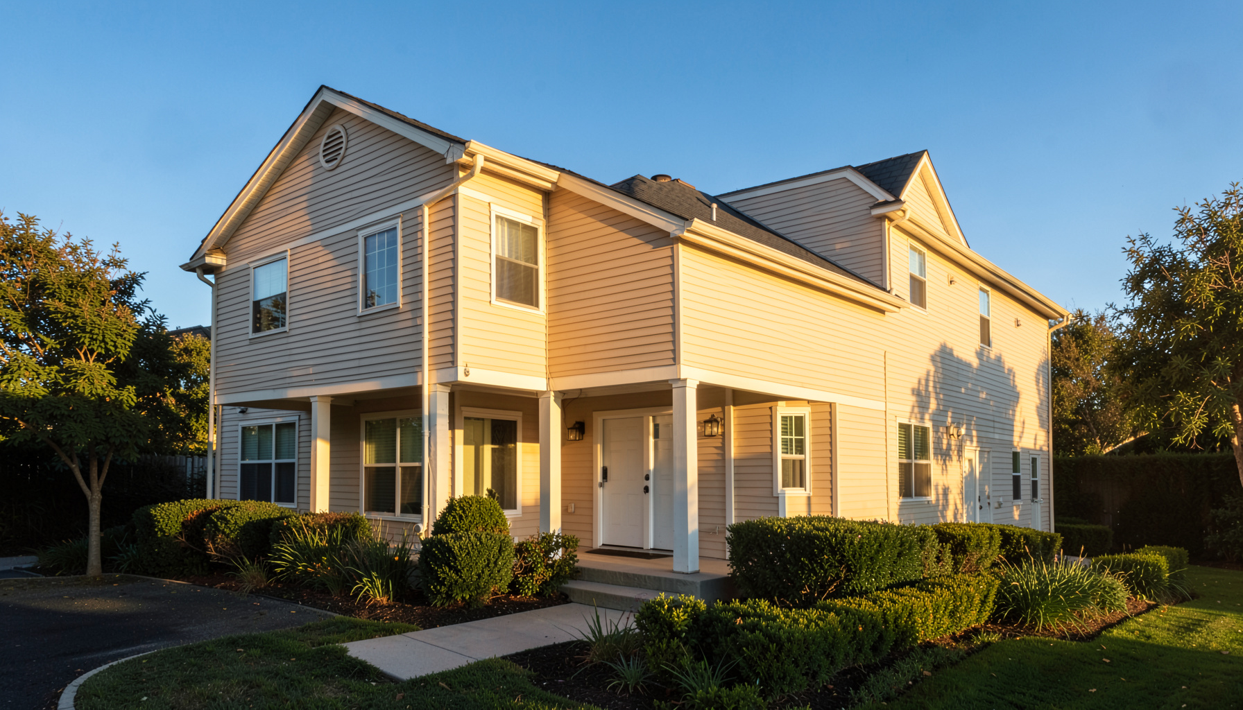 Sunlit exterior of a clean two-story home with tidy landscaping, warm golden light on the siding and a clear blue sky
